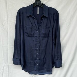 Anthropologie Women’s Navy Button Down Blouse Satin Pleated sz XS